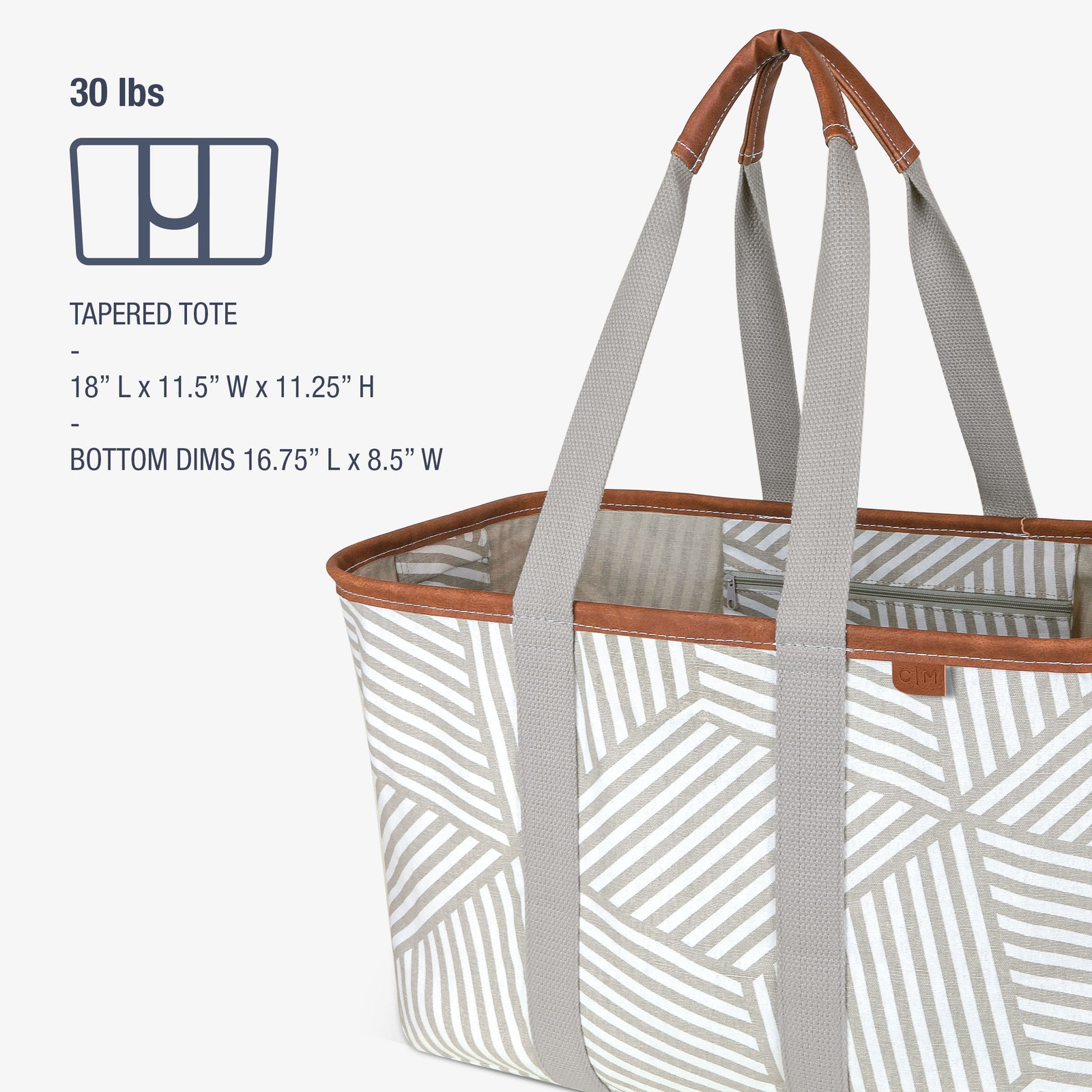 Tapered tote bag with geometric pattern and brown handles on a white background