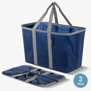 A blue and gray pop-up tote with collapsible design and shoulder straps.