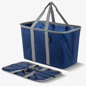 A blue and gray pop-up tote with collapsible design and shoulder straps.
