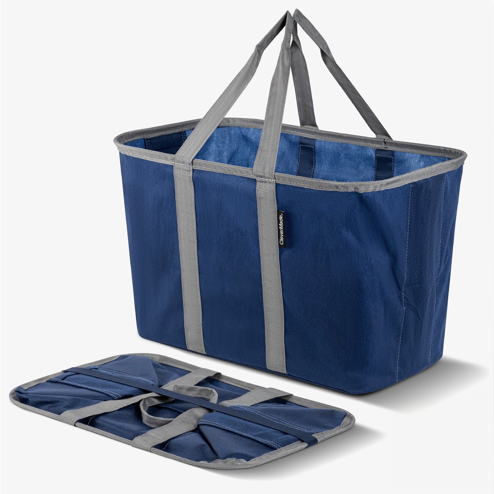 A blue and gray pop-up tote with collapsible design and shoulder straps.