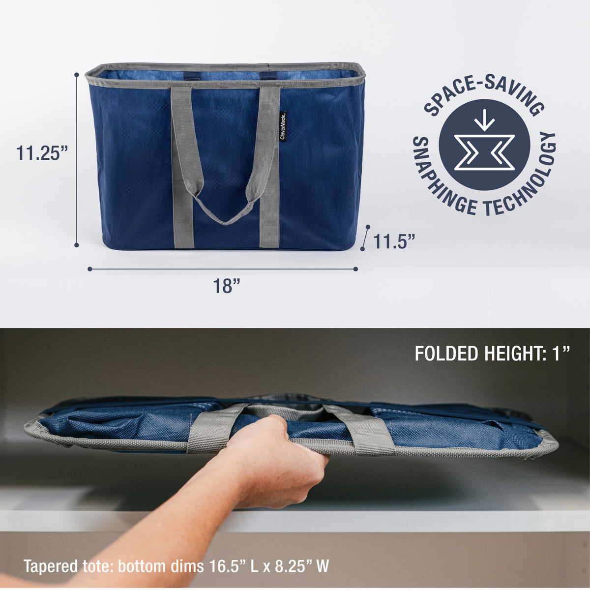 A blue and gray pop-up tote with dimensions