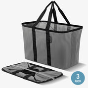 A gray and black pop-up tote with collapsible design and shoulder straps.