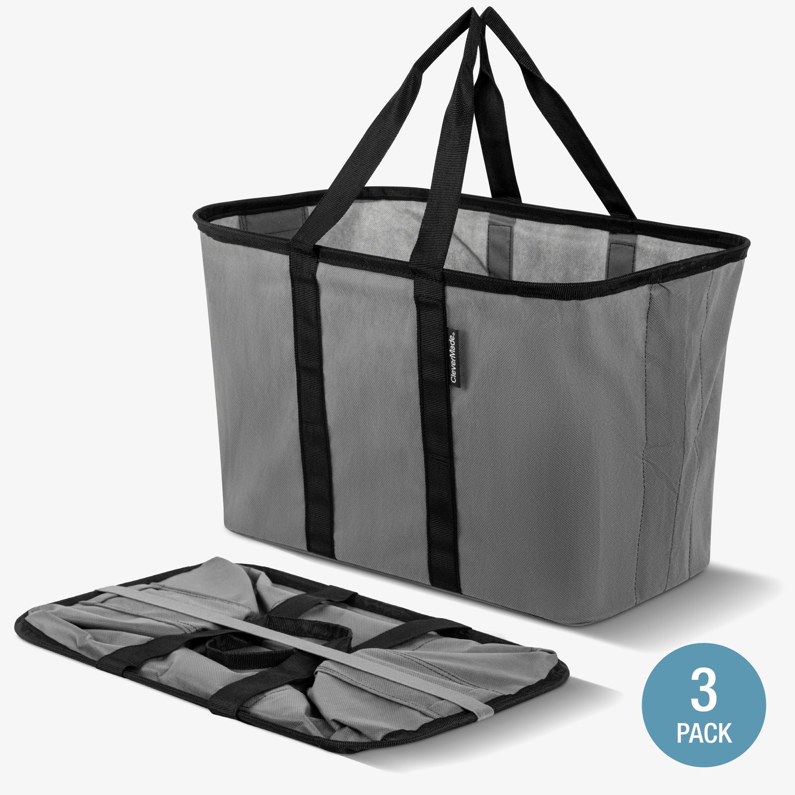 A gray and black pop-up tote with collapsible design and shoulder straps.