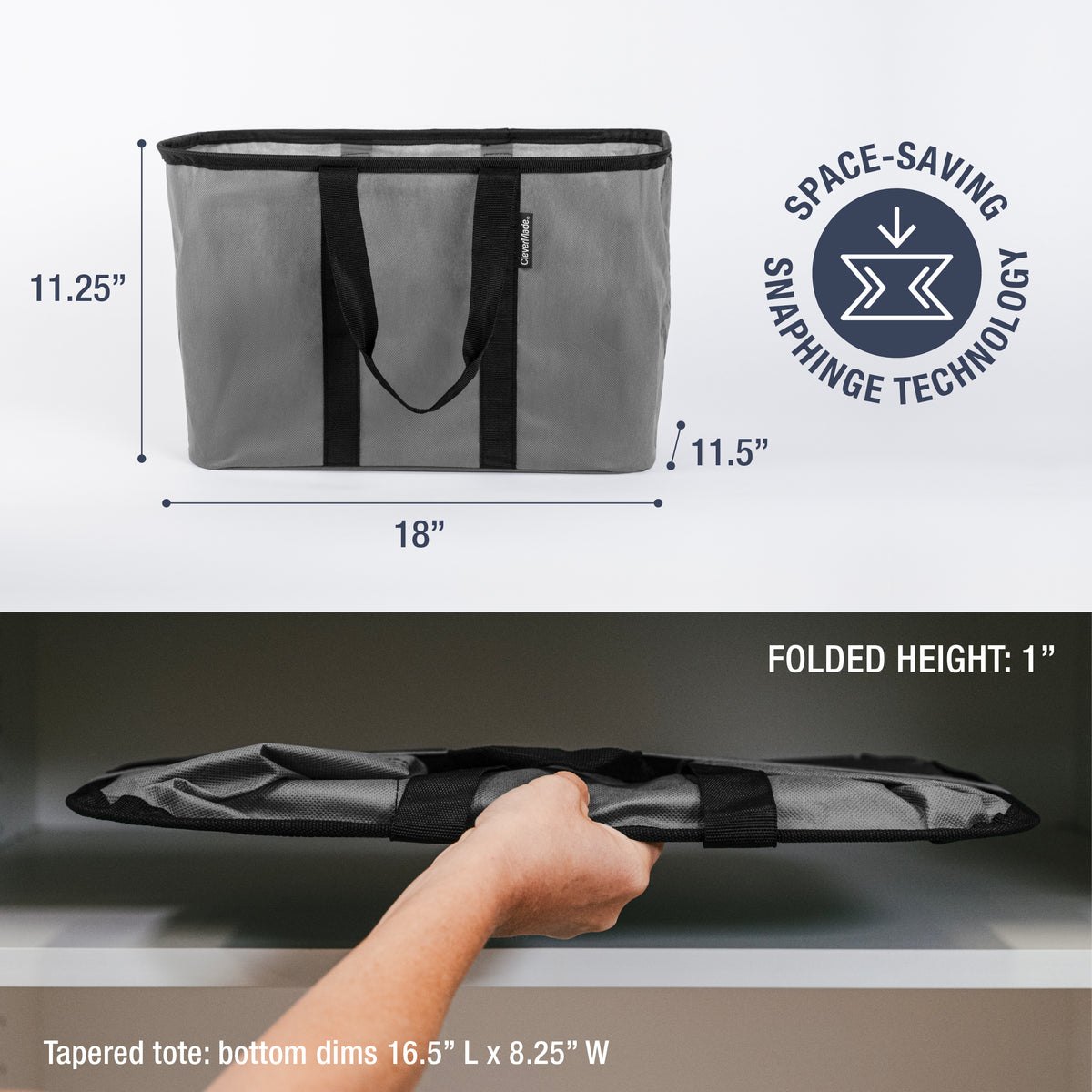 A gray and black pop-up tote with dimensions