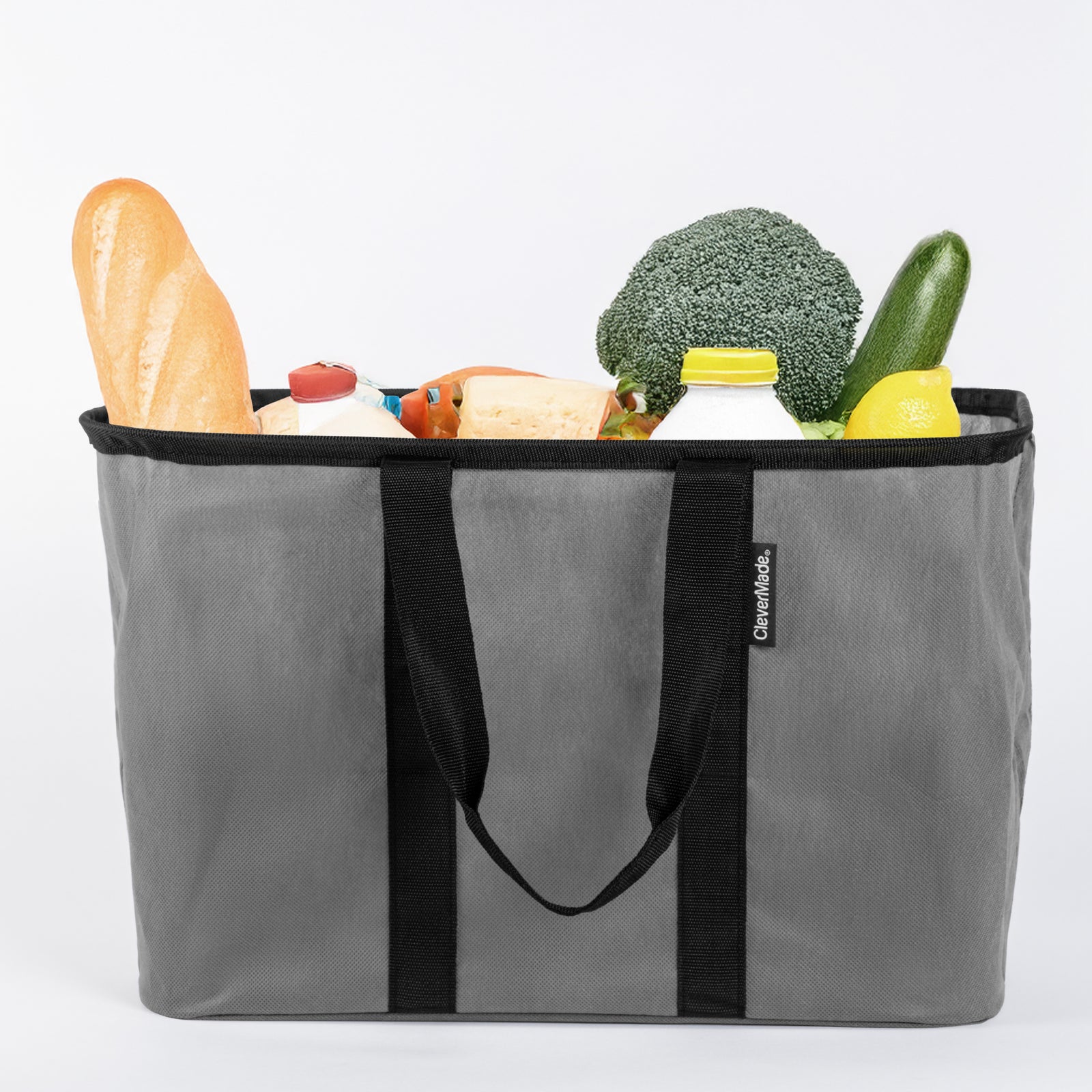 A gray and black pop-up tote with groceries inside