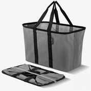 A gray and black pop-up tote with collapsible design and shoulder straps.