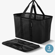 Black pop-up tote bag with collapsible design and shoulder straps.