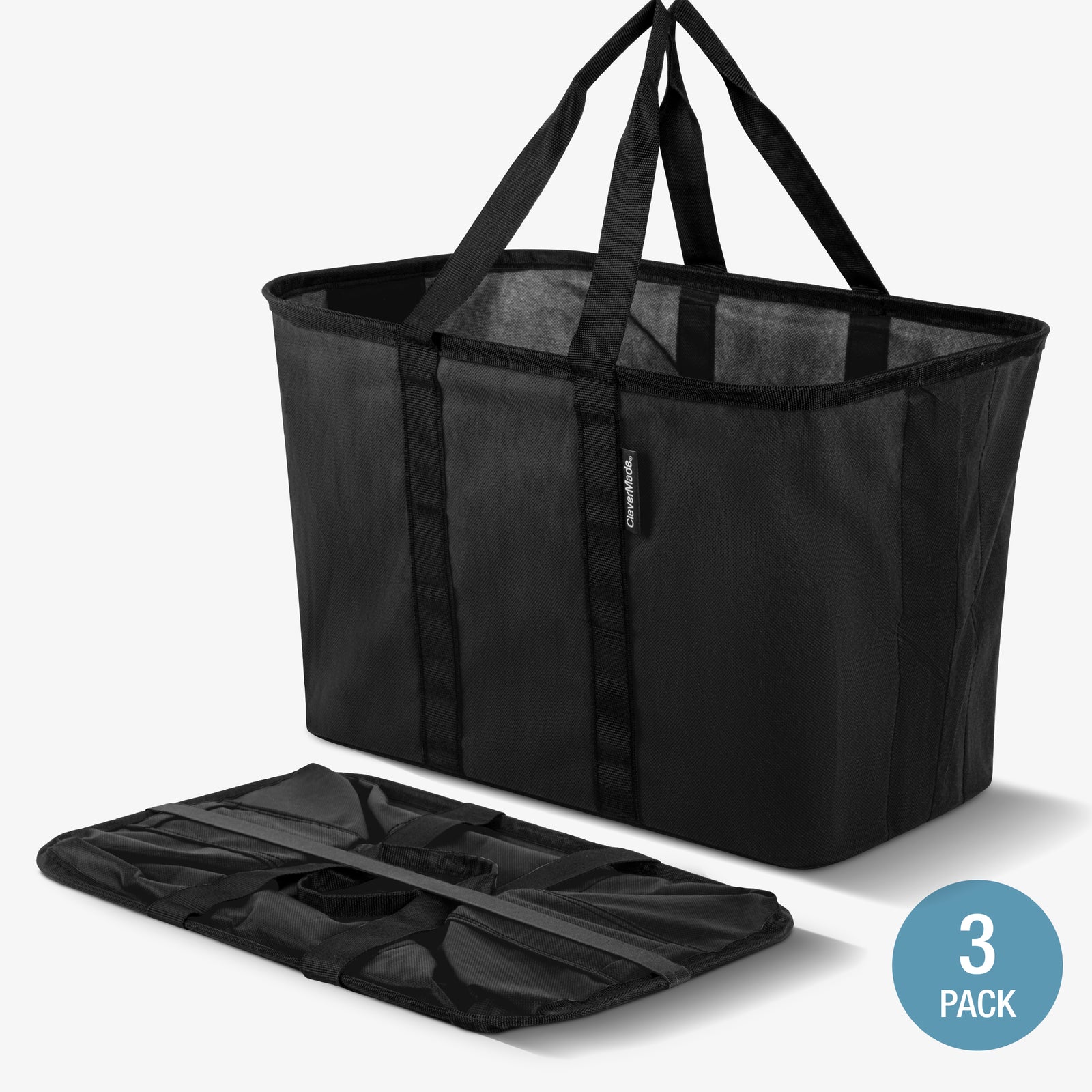 Black pop-up tote bag with collapsible design and shoulder straps.