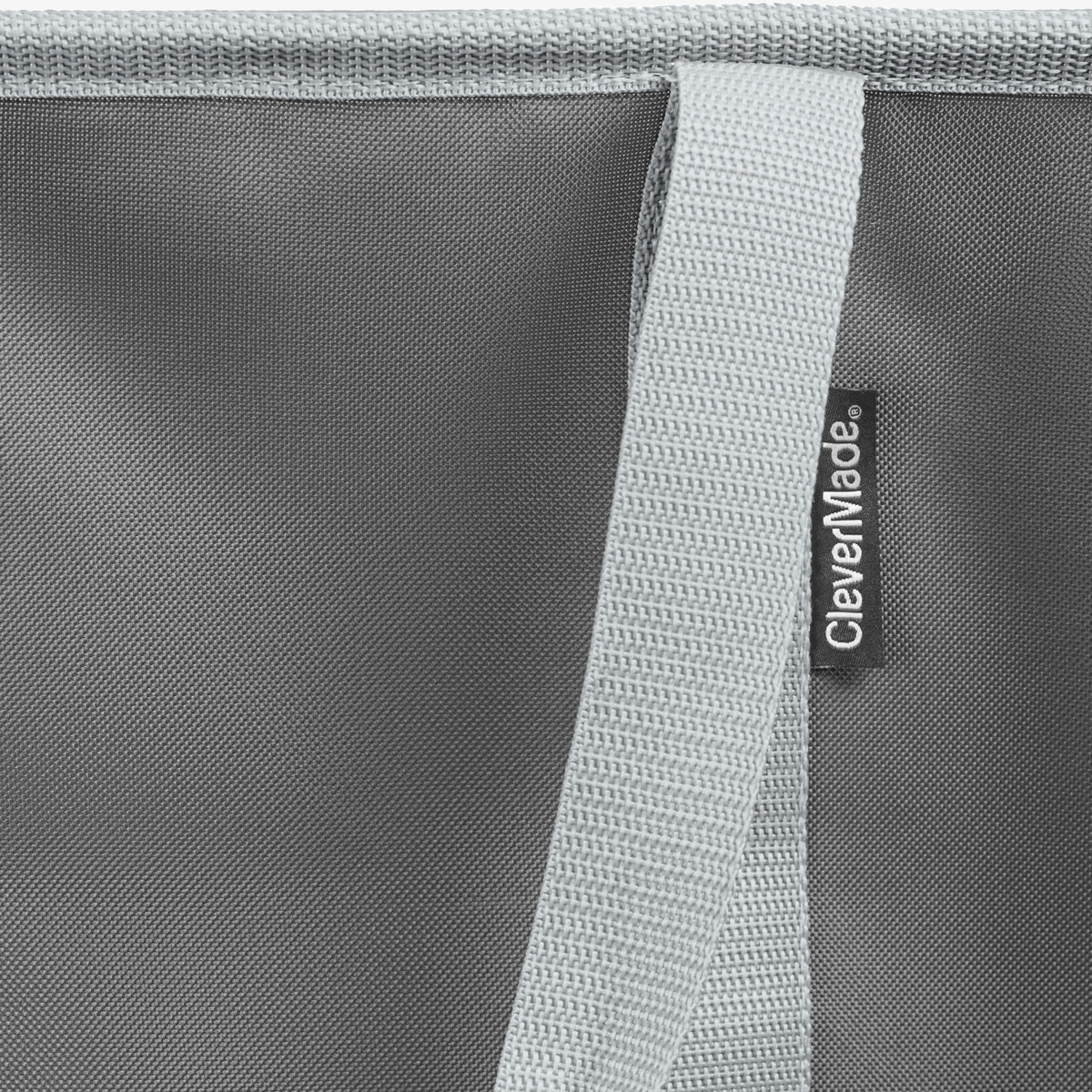 Gray laundry caddy with a visible brand logo