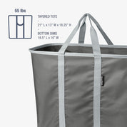 Gray tapered tote bag with dimensions and weight capacity on a white background