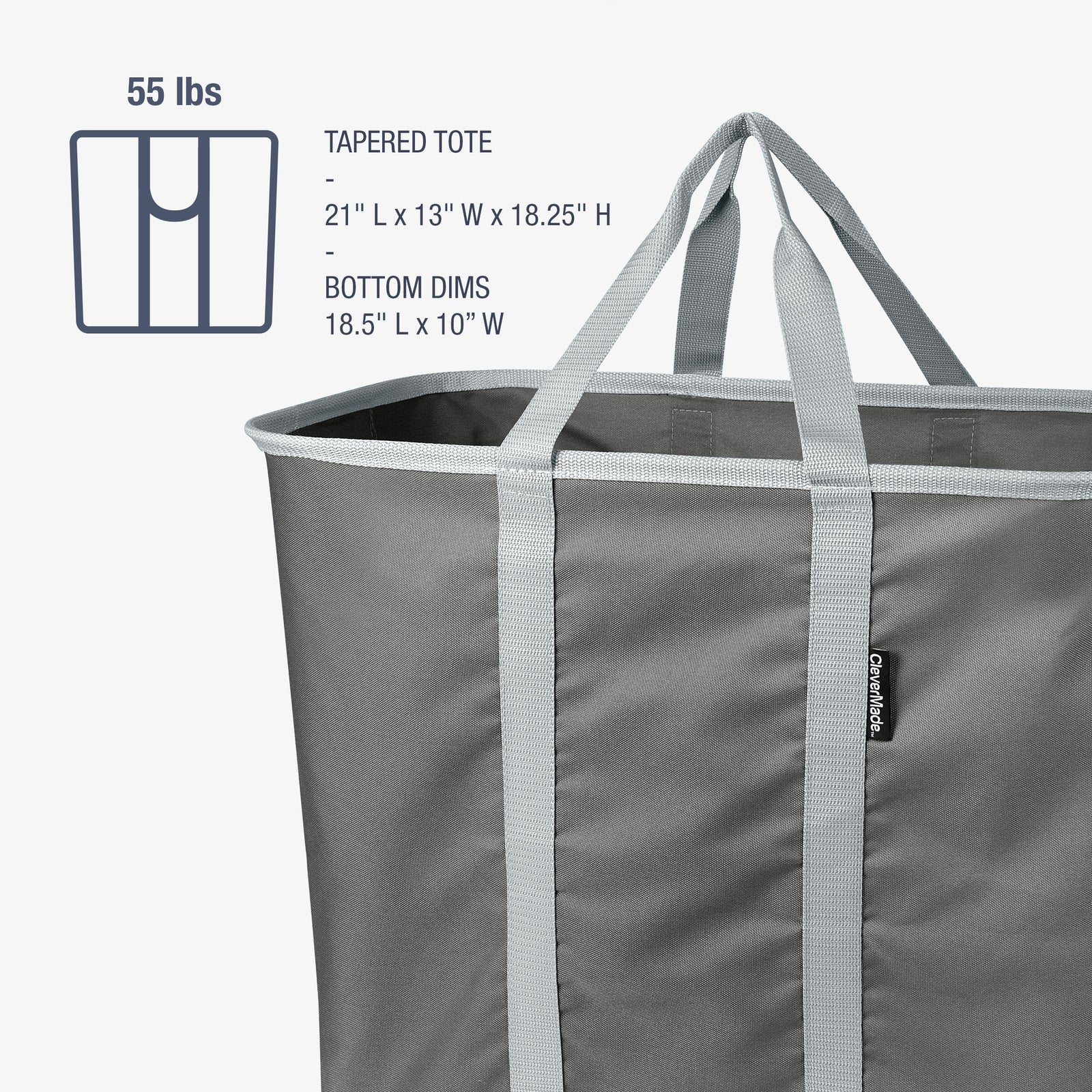 Gray tapered tote bag with dimensions and weight capacity on a white background