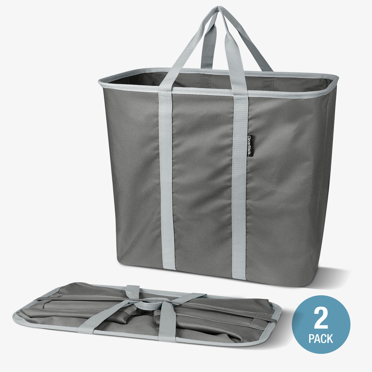 Gray tote bag with a smaller version of itself and a '2 Pack' label on a white background