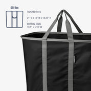 Black tapered tote bag with gray handles and dimensions on a white background