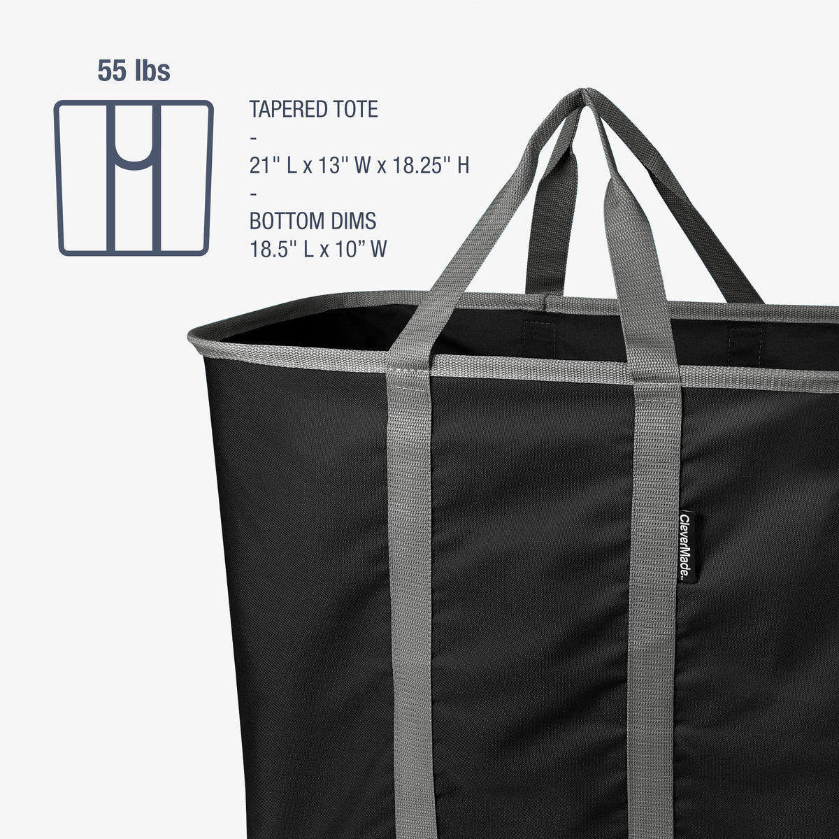Black tapered tote bag with gray handles and dimensions on a white background