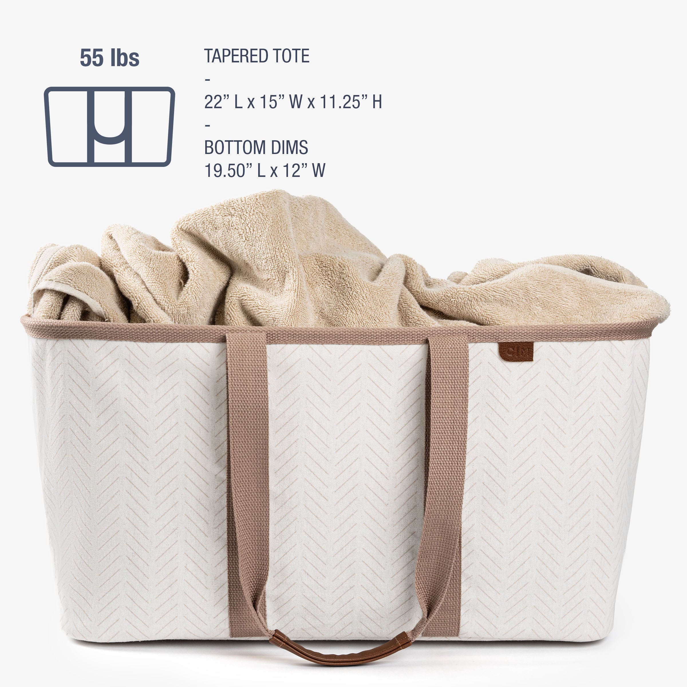 Tapered tote with beige interior and handles, featuring dimensions and weight capacity on a white background.