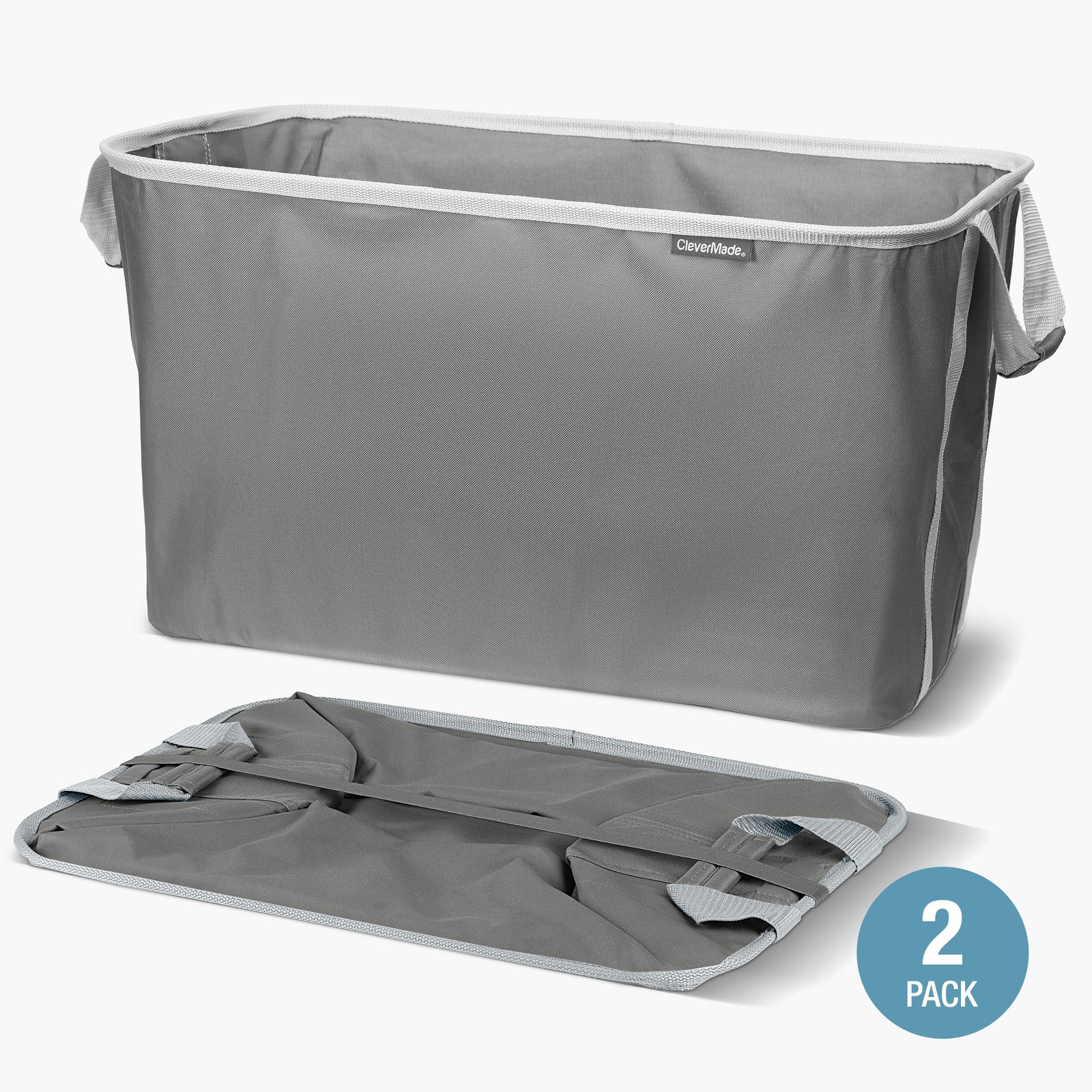 Gray collapsible laundry basket with a smaller mat-like item on a white background, featuring the brand 'CleverMade'.