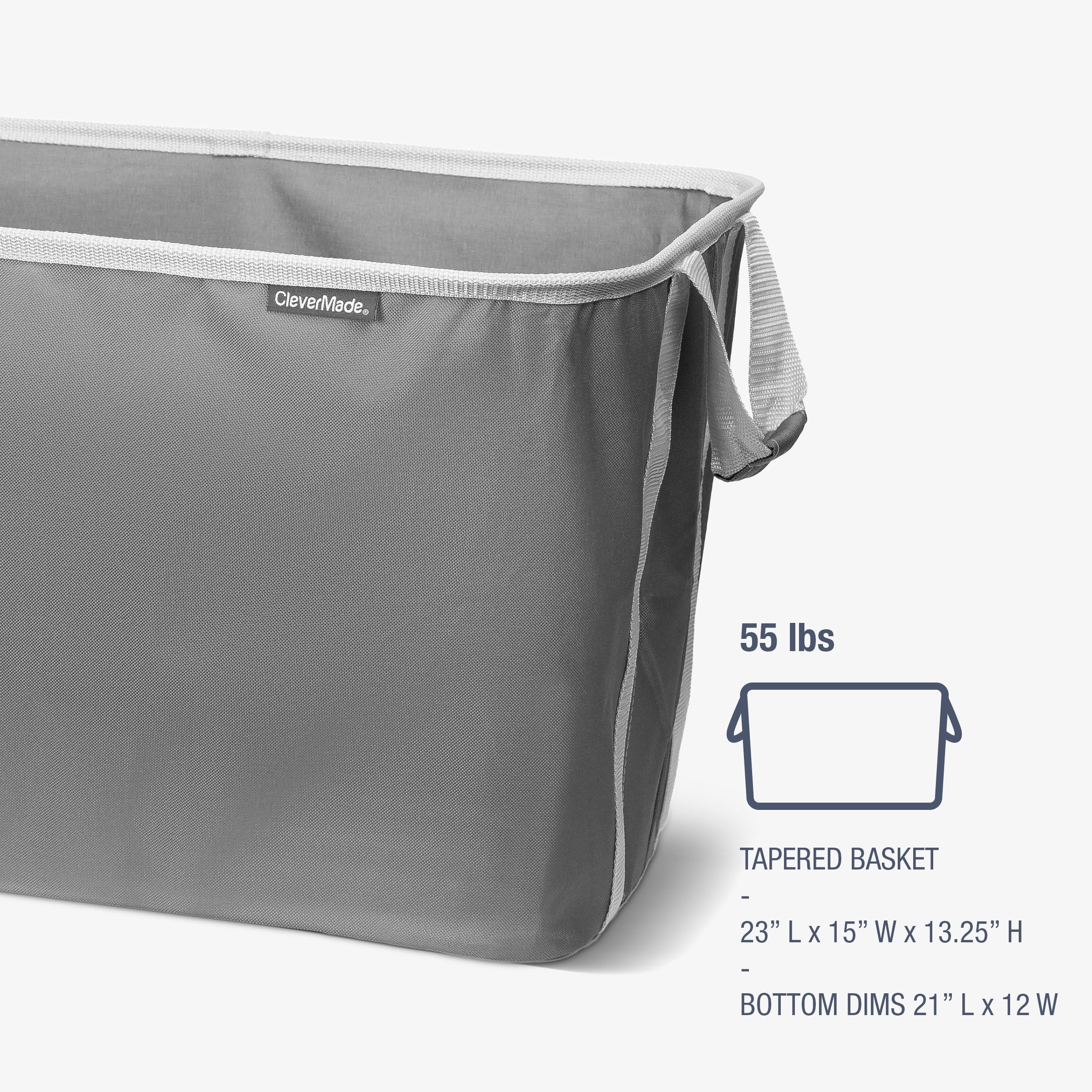 Gray tapered basket with CleverMade branding and dimensions on a white background