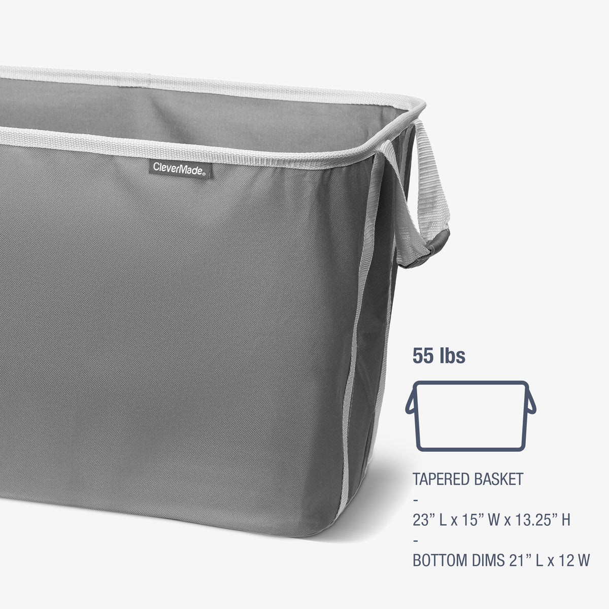 Gray tapered basket with CleverMade branding and dimensions on a white background