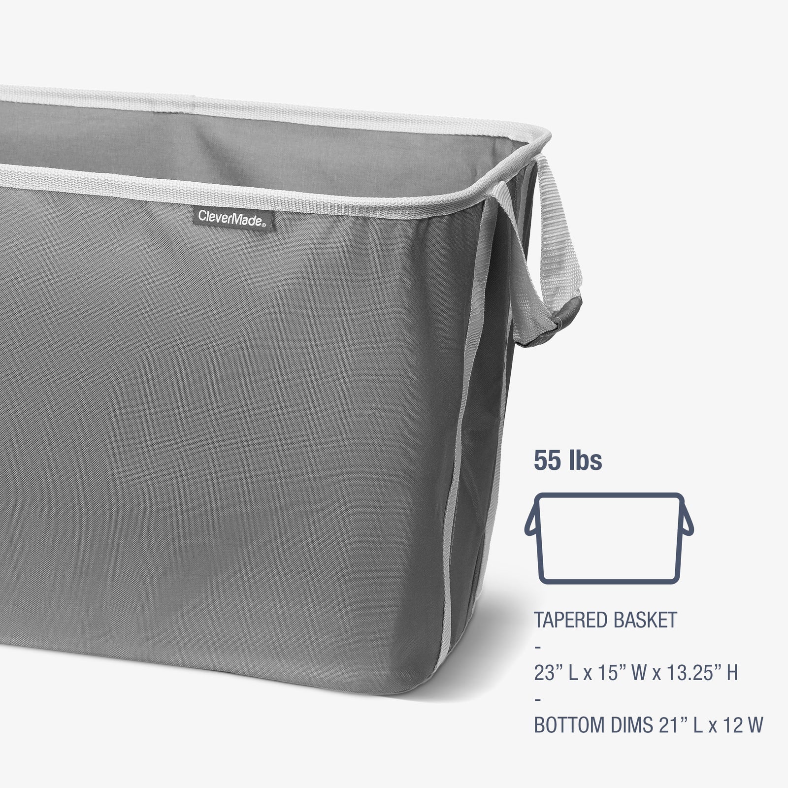 Gray tapered basket with CleverMade branding and dimensions on a white background