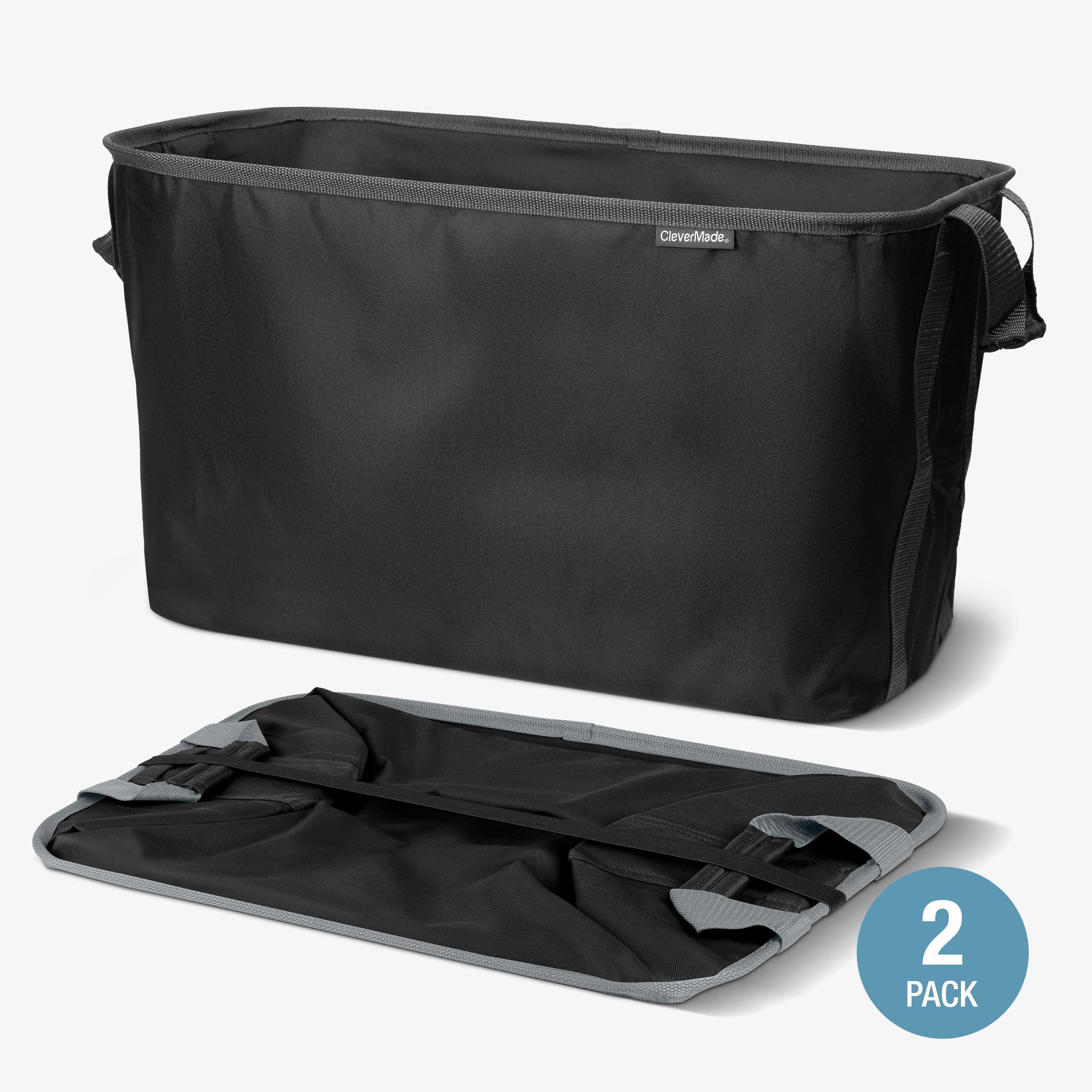 Black folding laundry basket with a smaller folded version on a white background