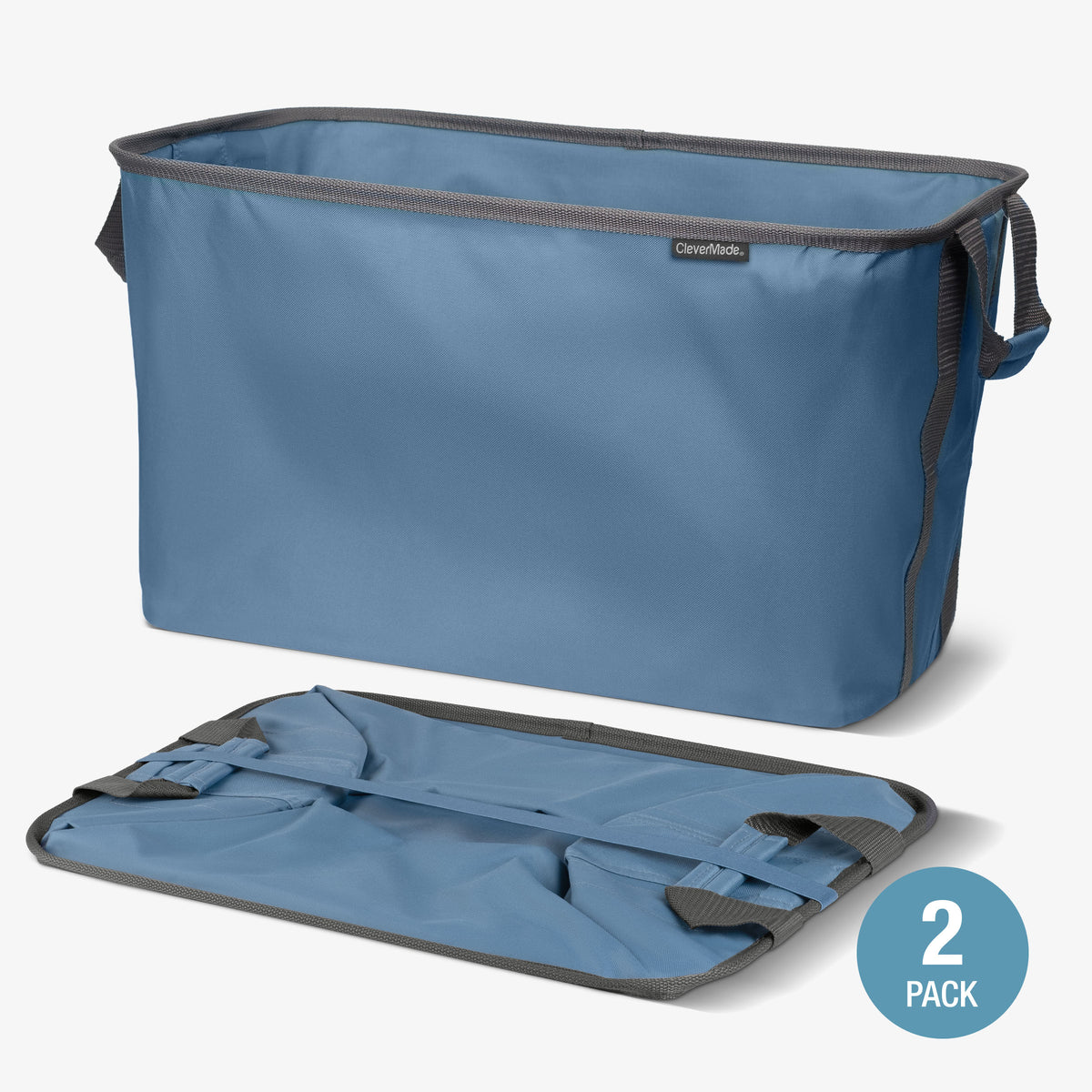 Blue collapsible laundry basket with gray interior and handle, labeled '2 Pack' on a white background.