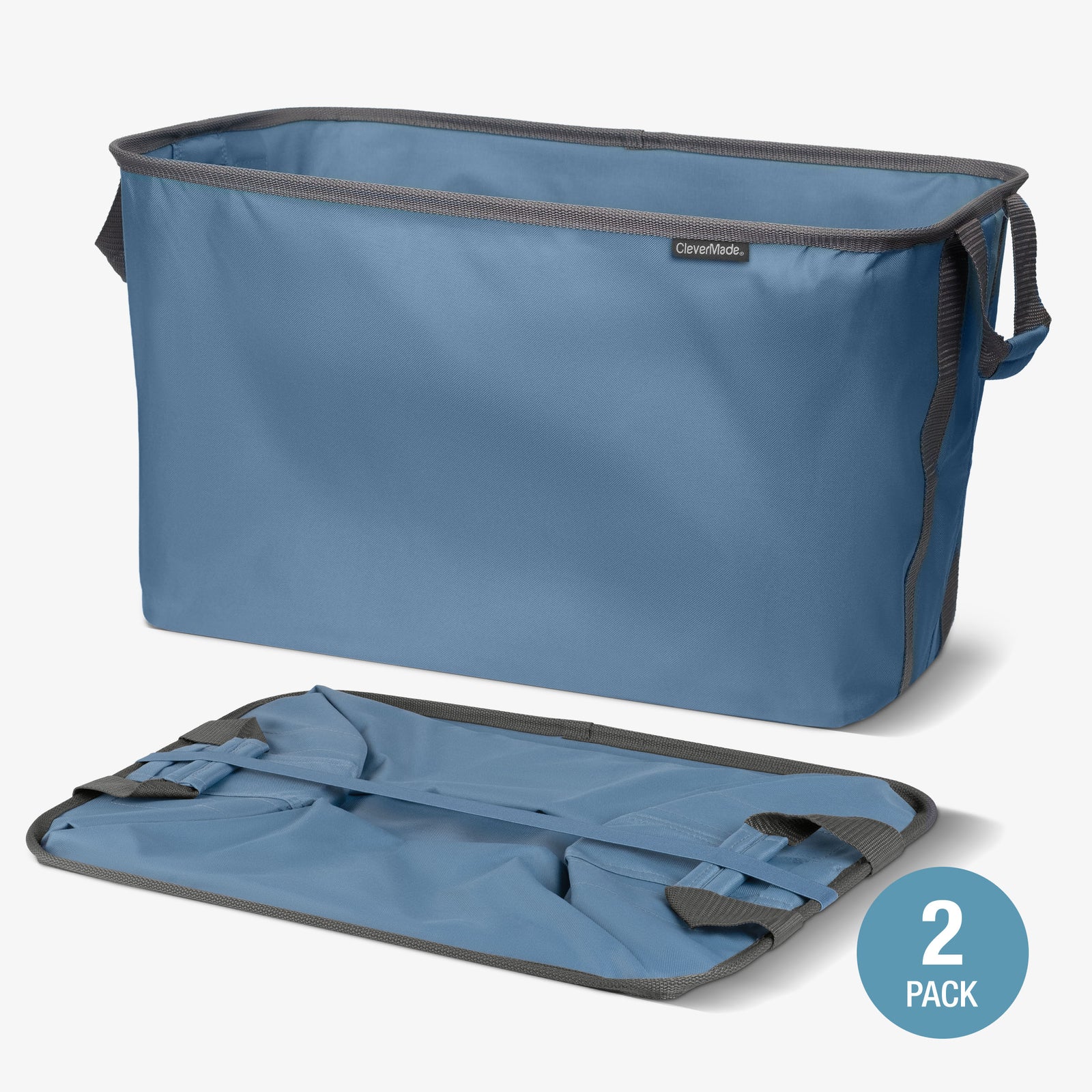 Blue collapsible laundry basket with gray interior and handle, labeled '2 Pack' on a white background.