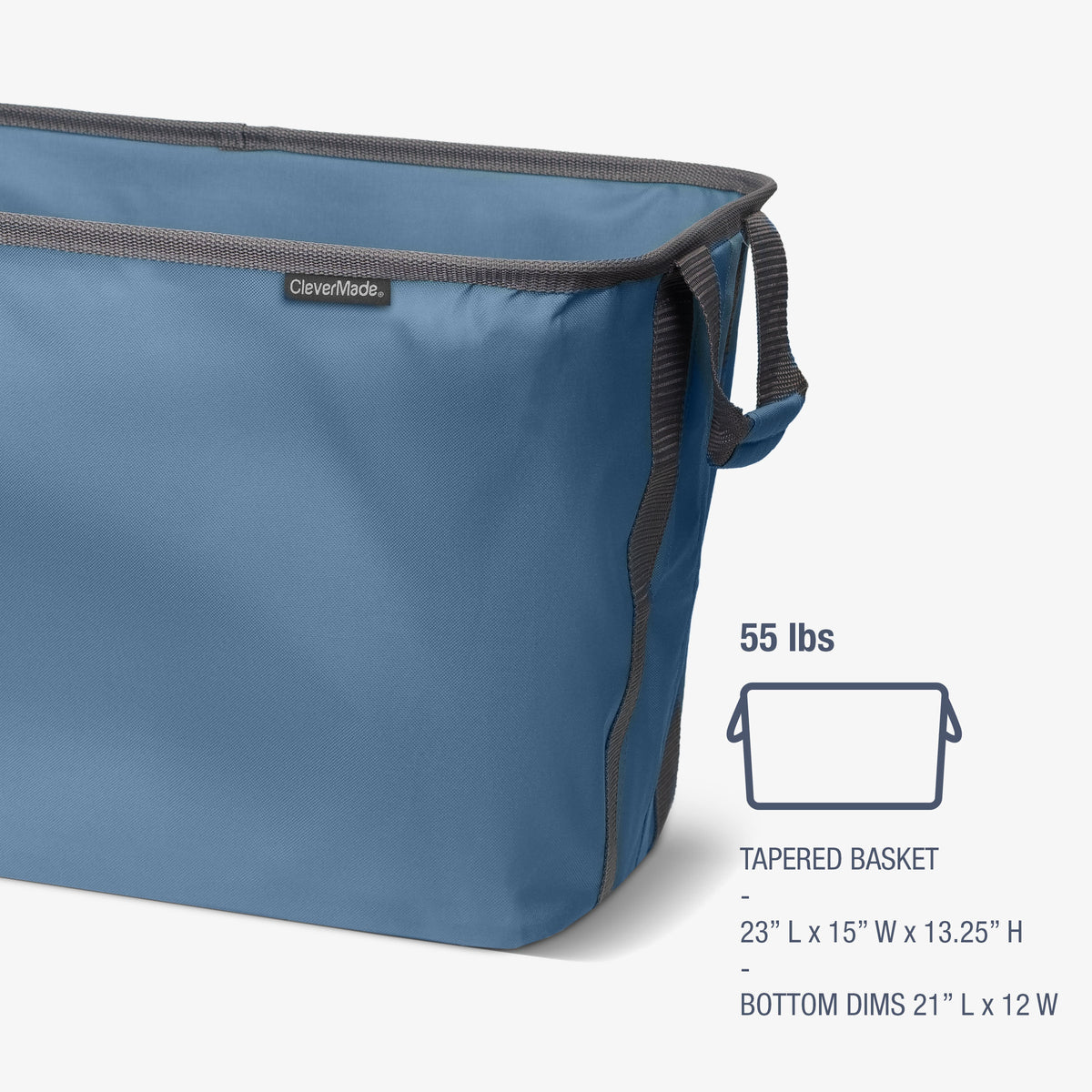 Blue tapered basket with carrying handle and dimensions on a white background