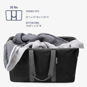 Black tapered tote with gray blanket, showing dimensions and weight capacity on a white background.