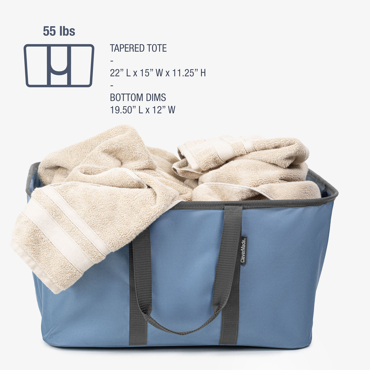 Blue tapered tote with beige towel, dimensions, weight, and brand logo displayed.