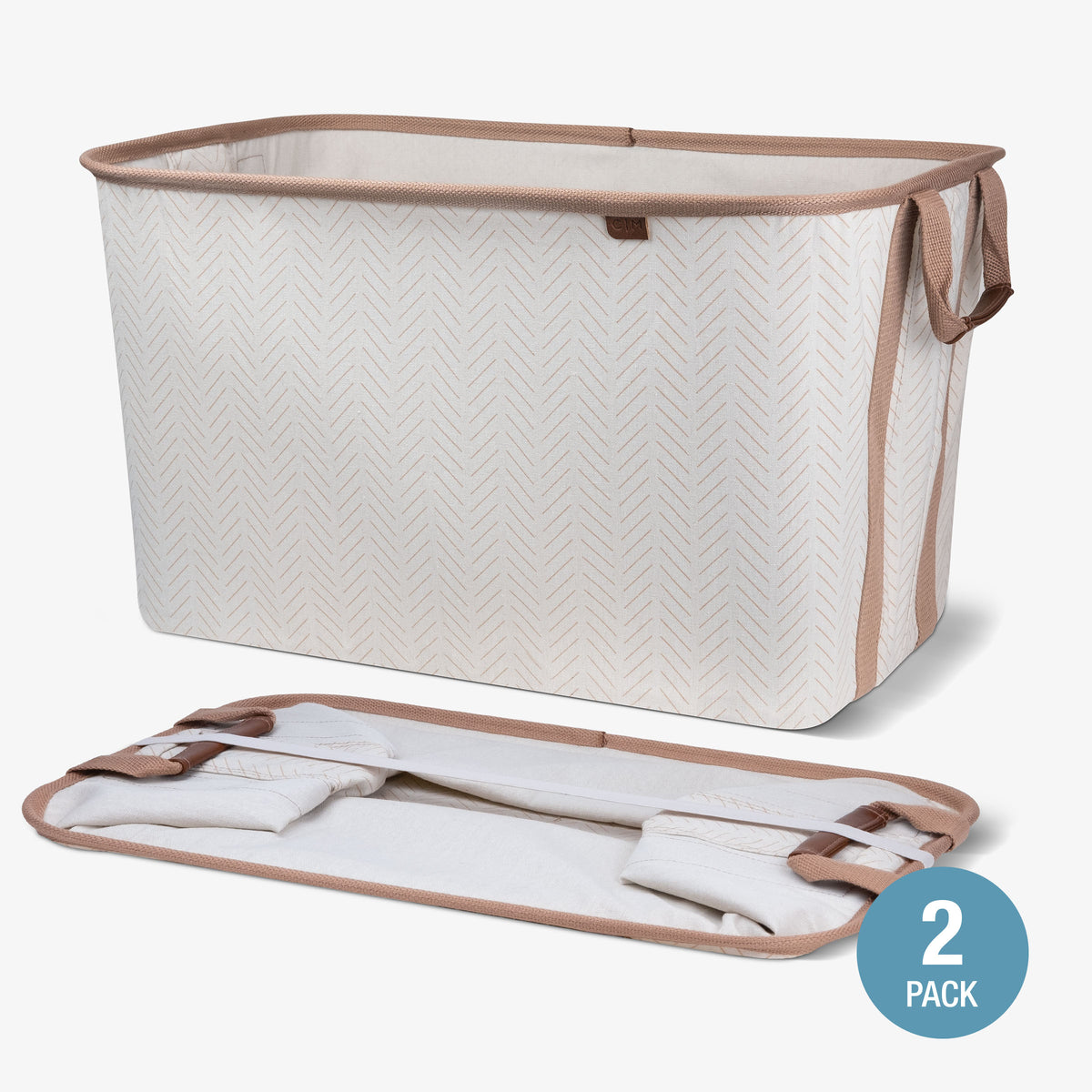 Cream collapsible laundry basket LUXE with brown handles and trim on a white background