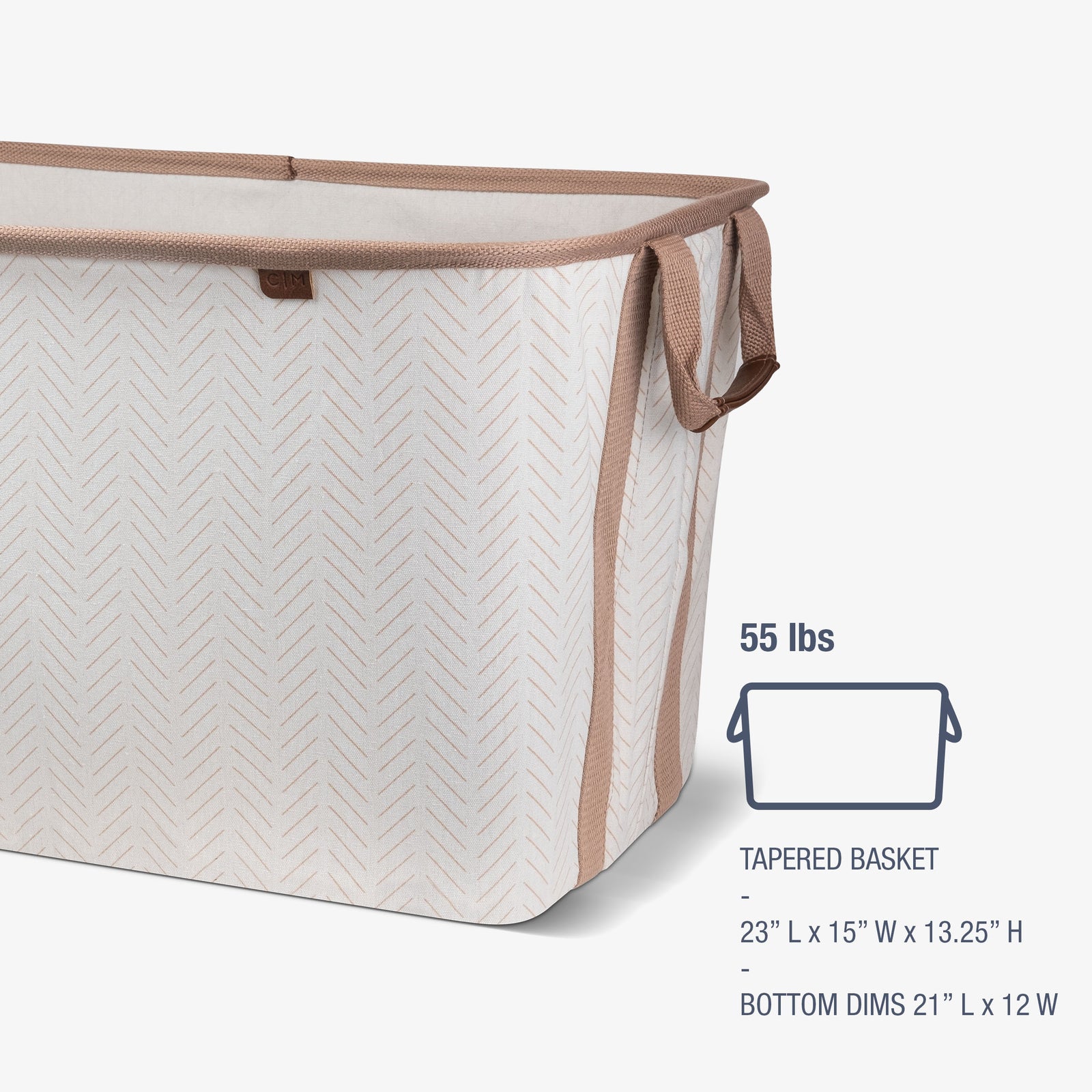 White collapsible laundry basket with white interior and handles, showing weight capacity and dimensions on a white background.