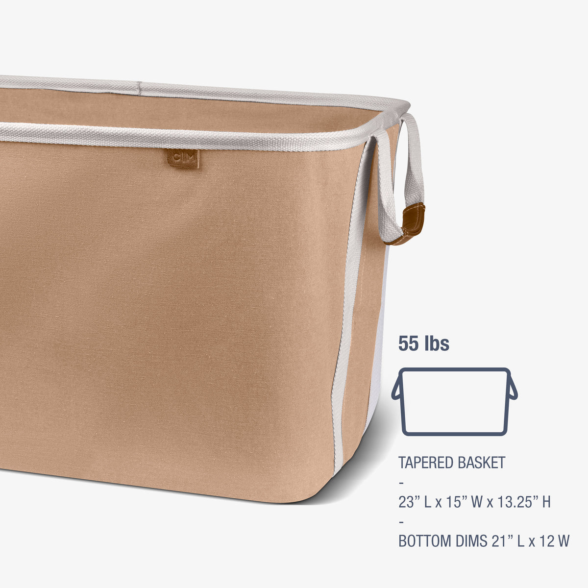Beige collapsible laundry basket with white interior and handles, showing weight capacity and dimensions on a white background.