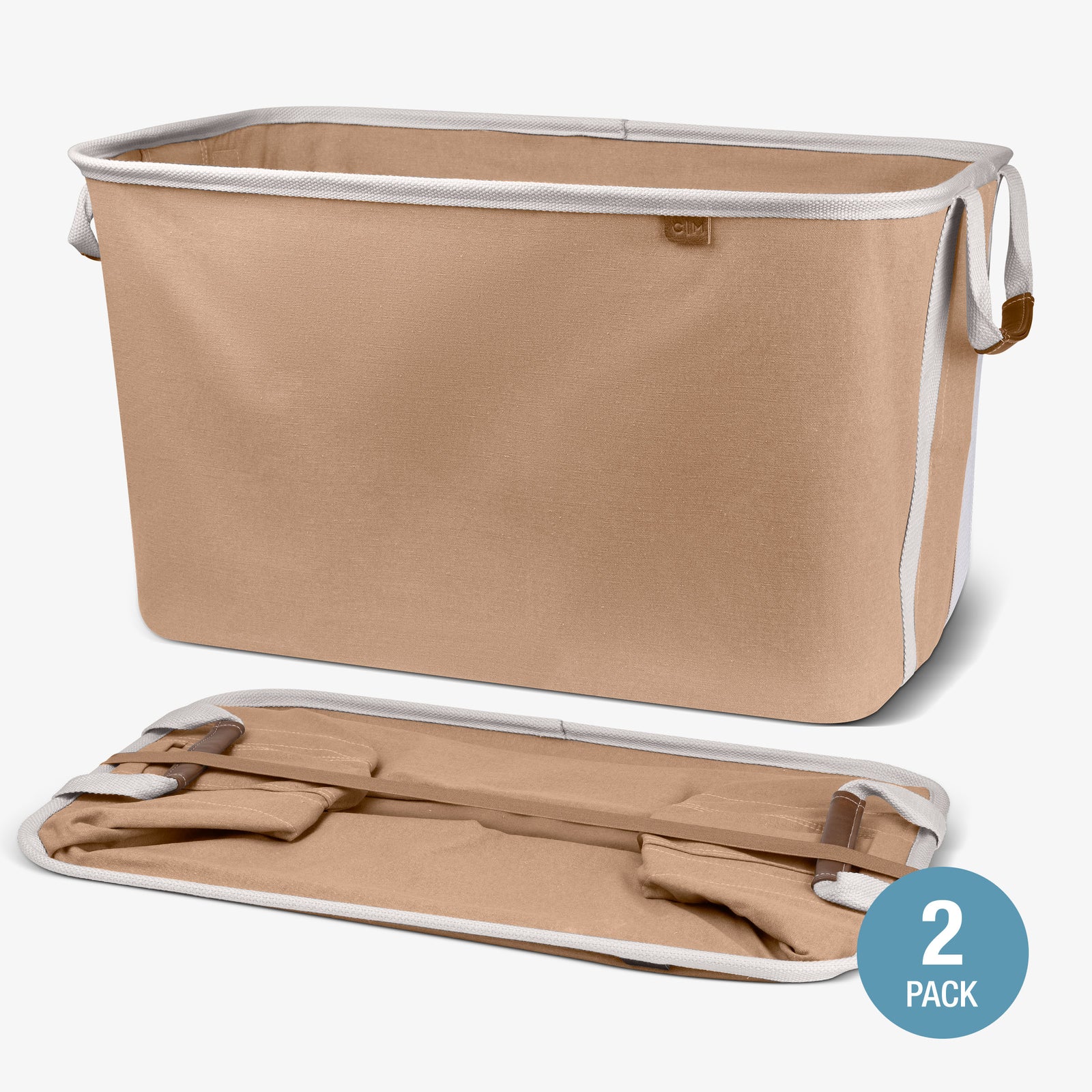 Beige collapsible laundry basket LUXE with cream handles and trim on a white background