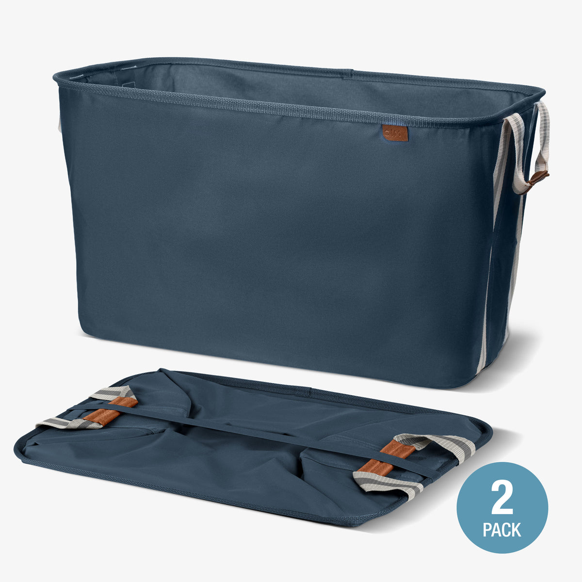Blue folding laundry basket with a smaller folded version on a white background