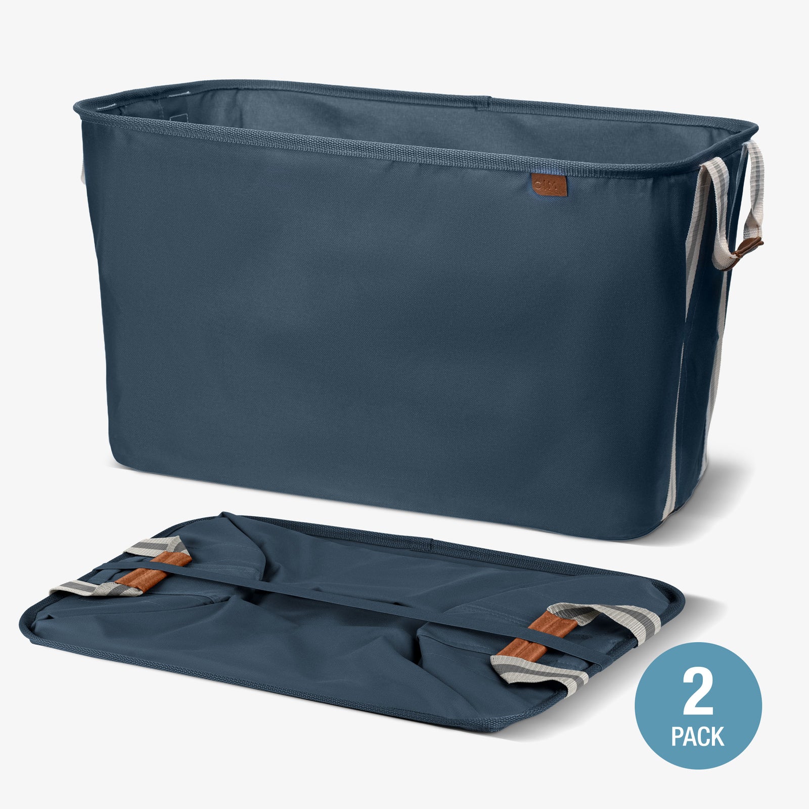Blue folding laundry basket with a smaller folded version on a white background