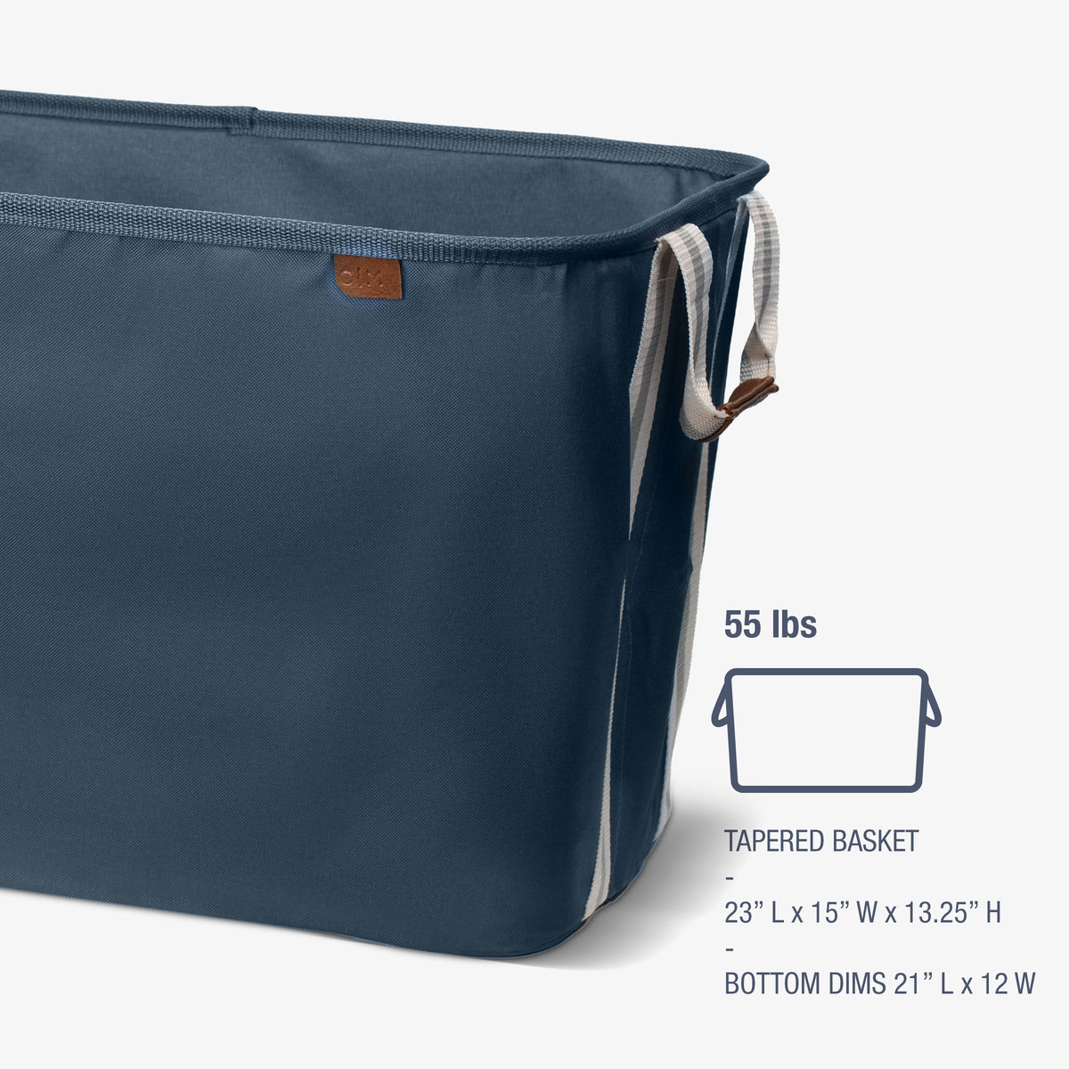 Navy tapered basket with dimensions and weight information on a white background
