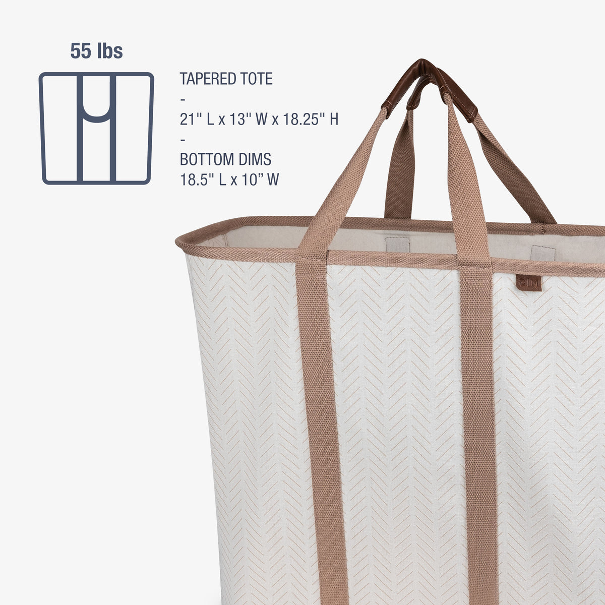 Tapered tote bag with brown handles and white body on a white background