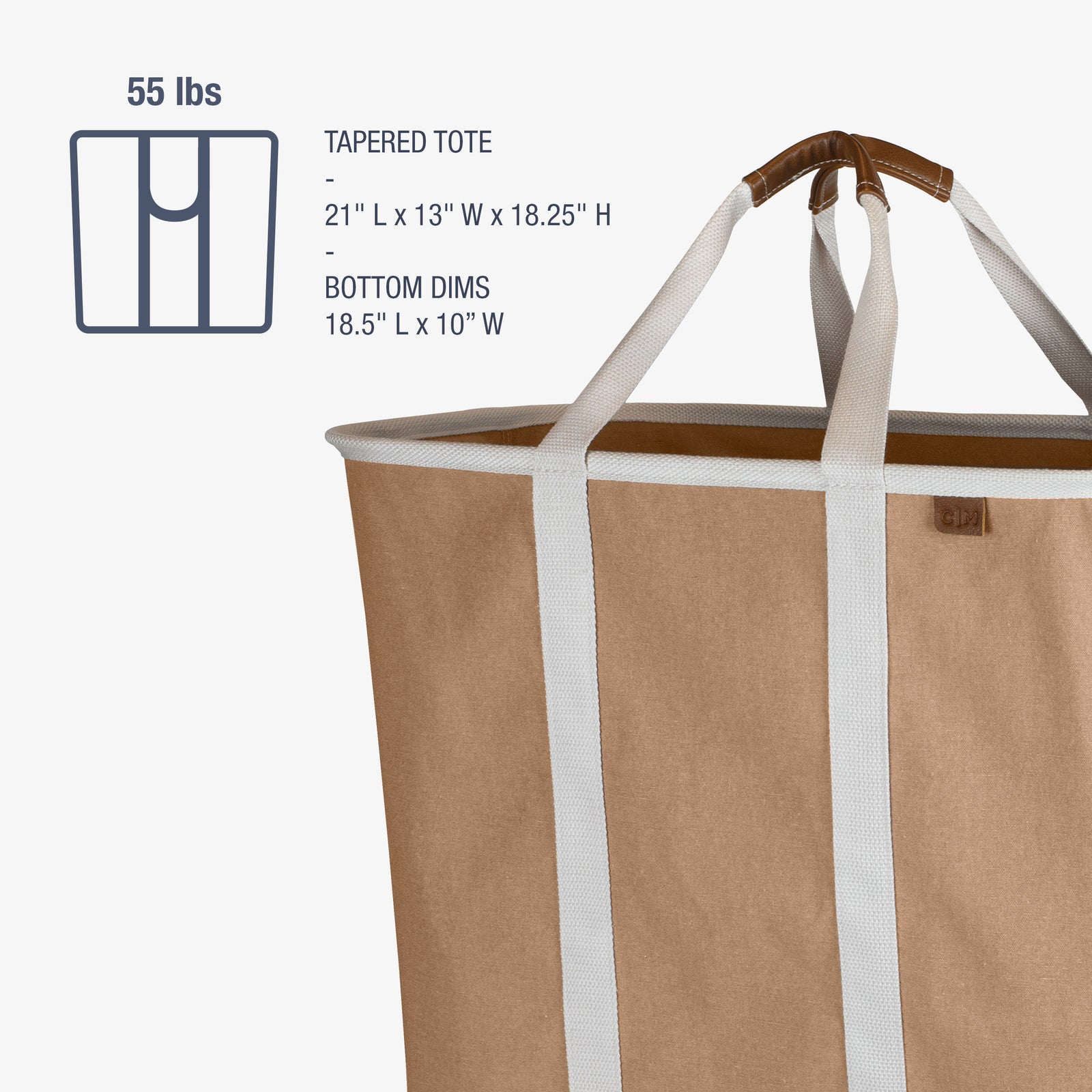 Brown tapered tote bag with white straps and dimensions on a white background