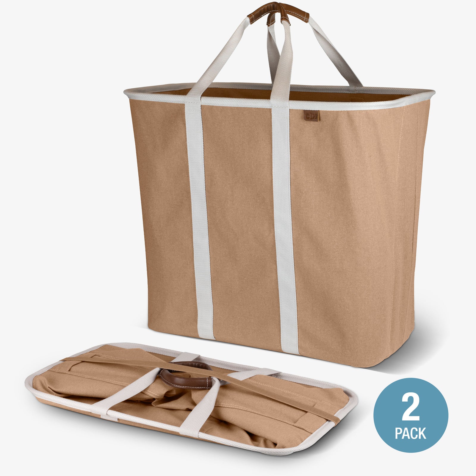 Beige laundry basket with white straps and a smaller view of folded clothes inside on a white background.