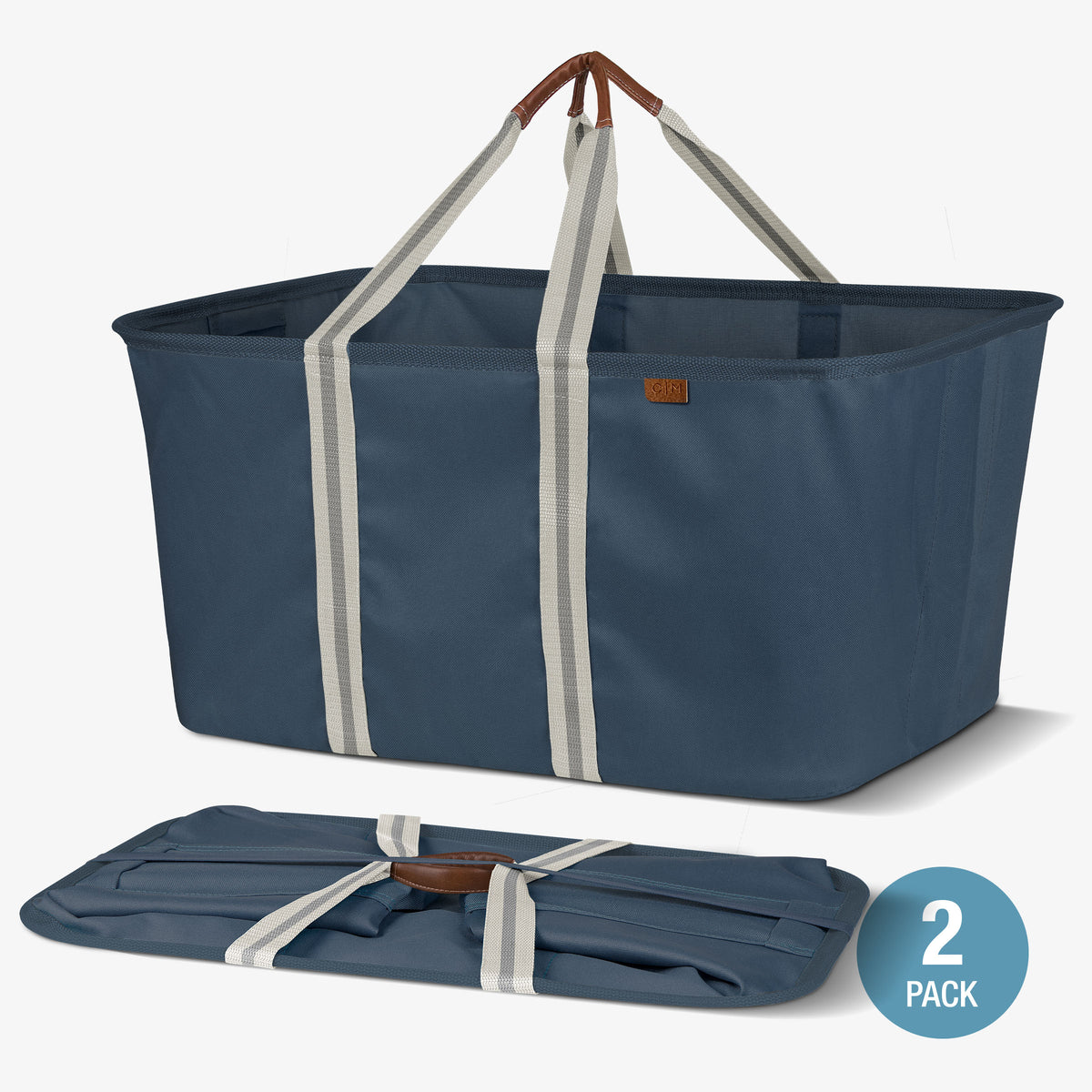 Blue folding laundry basket with white straps and brown handles on a white background
