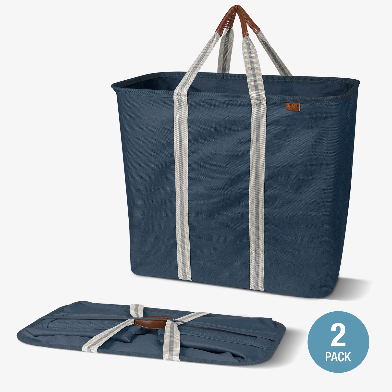 Blue tote bag with white straps and brown handles, shown open and folded on a white background.