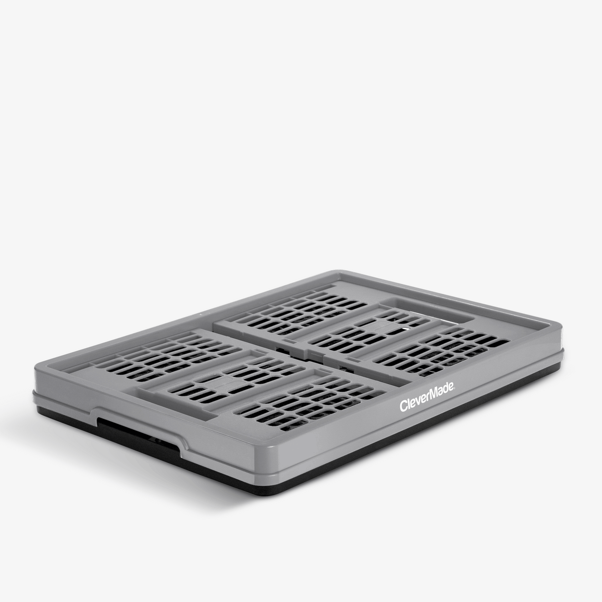 Collapsing and folding gray collapsible utility crates with 'CleverMade' branding on a white background