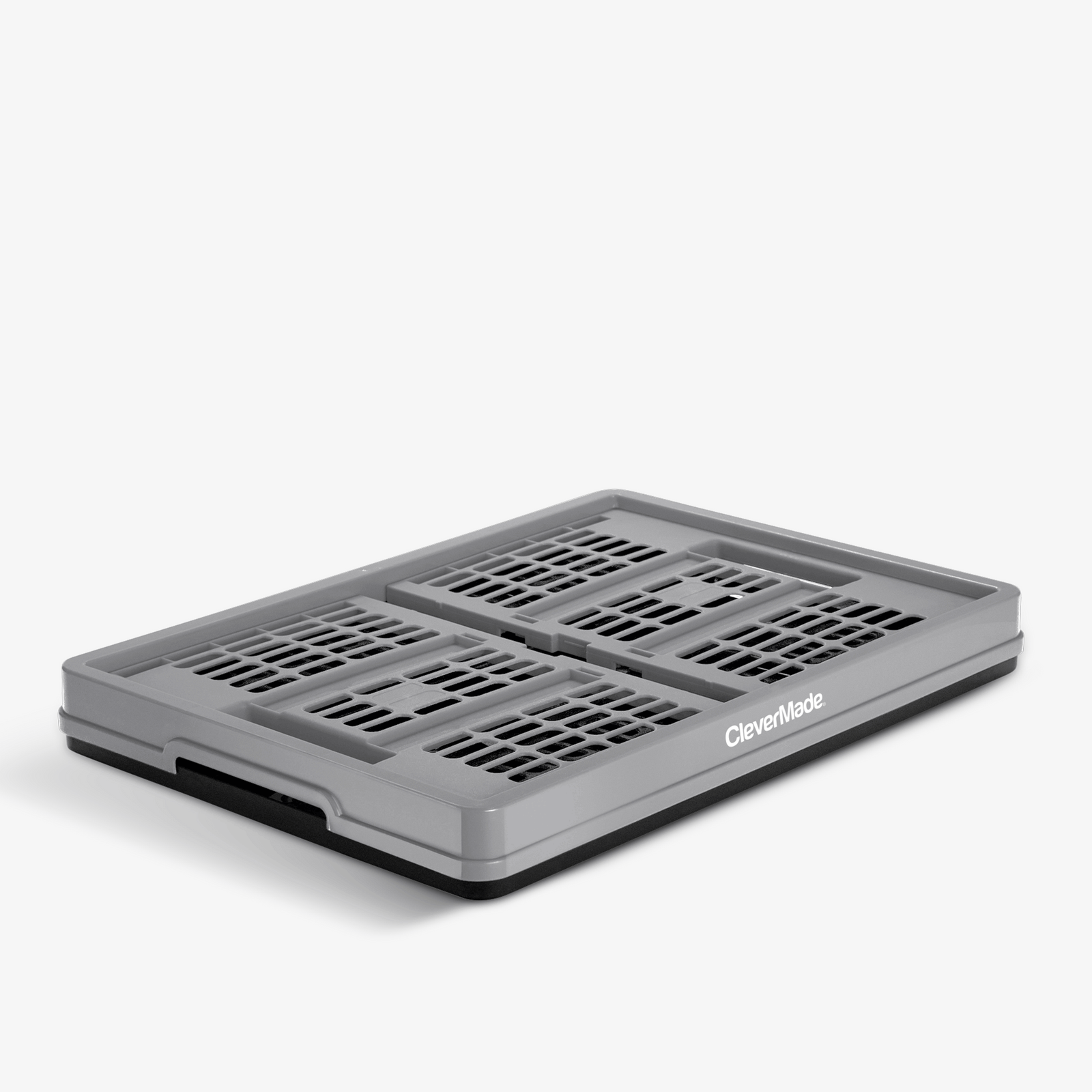 Collapsing and folding gray collapsible utility crates with 'CleverMade' branding on a white background