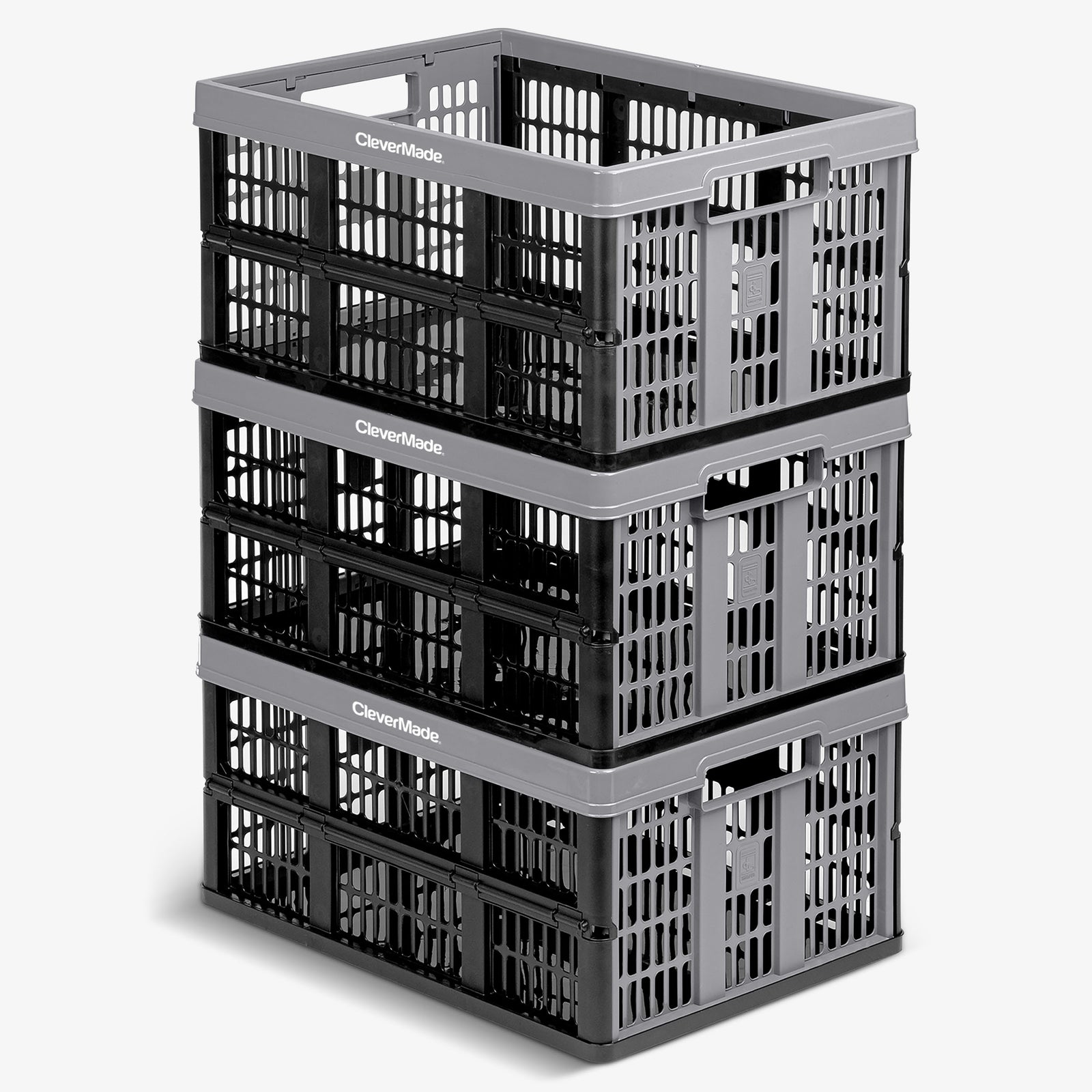 Stack of three gray CleverMade collapsible utility crates on a white background
