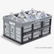 Collapsible crate filled with water bottles on a white background