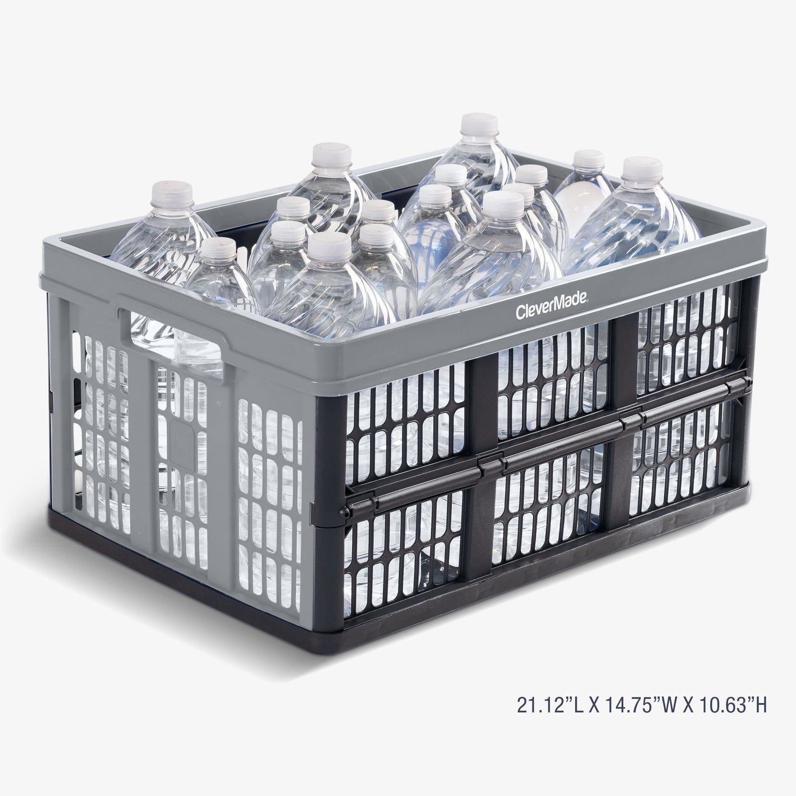 Collapsible crate filled with water bottles on a white background