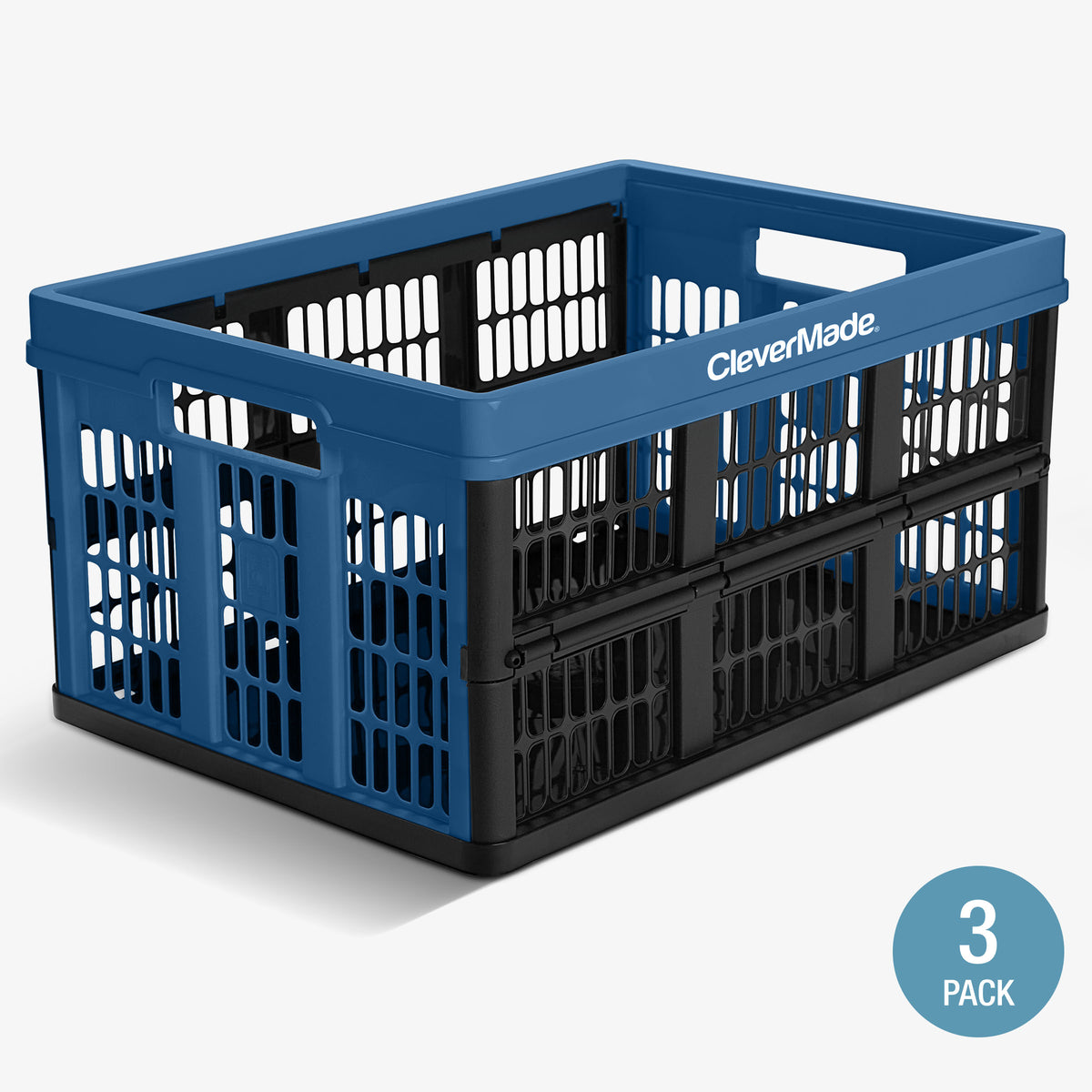 Blue and black collapsible utility crates
 with 'CleverMade' branding on a white background