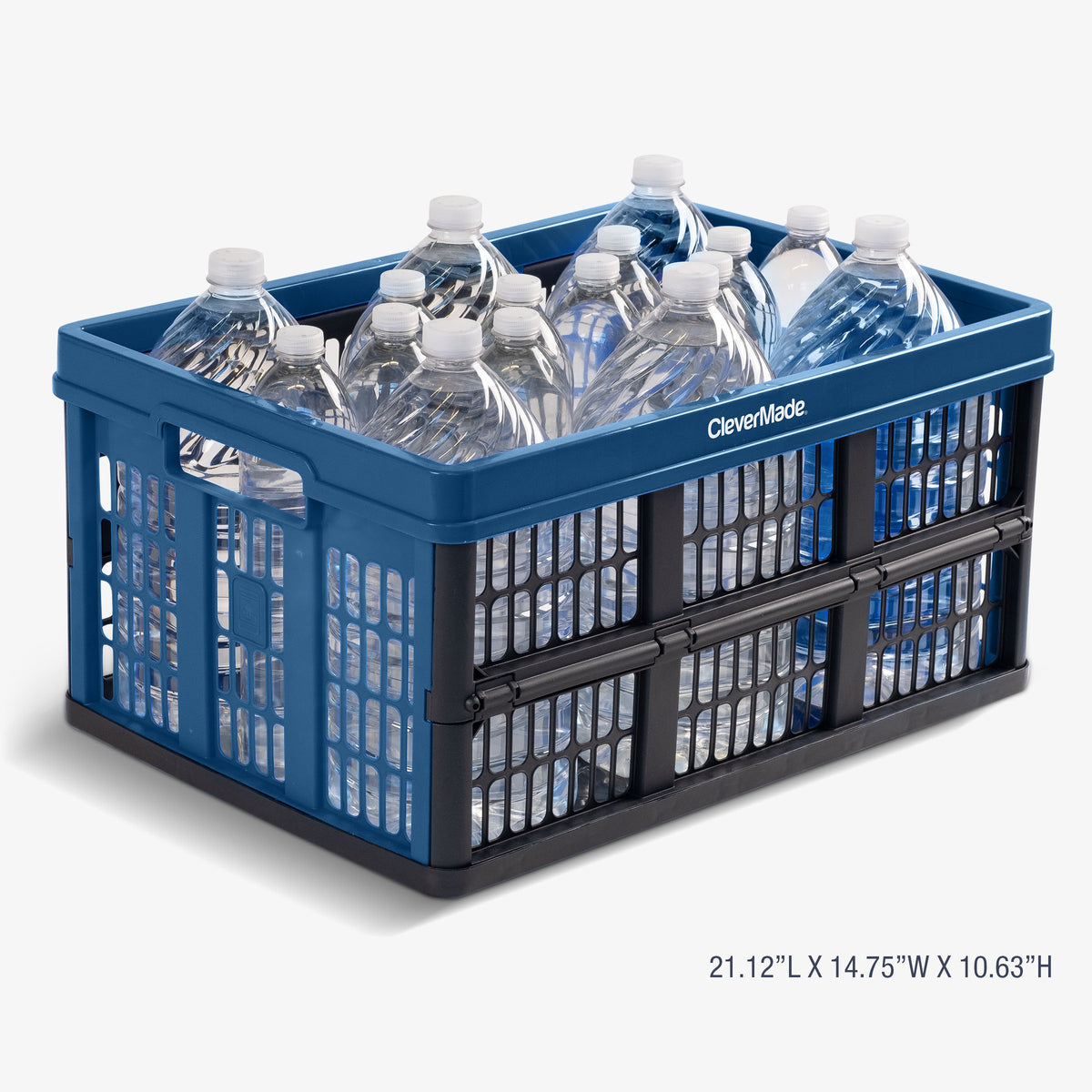 Blue crate filled with water bottles on a white background