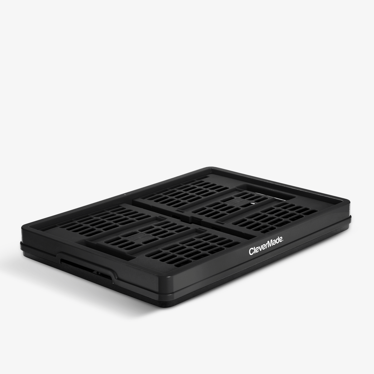 Collapsing and folding black collapsible utility crates with 'CleverMade' branding on a white background