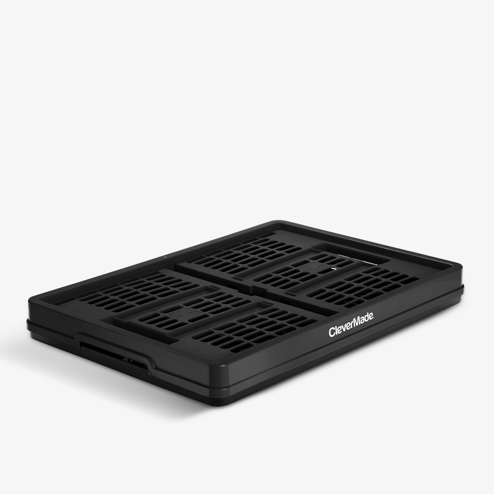 Collapsing and folding black collapsible utility crates with 'CleverMade' branding on a white background